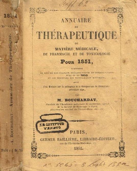 Annuaire de therapeutique de matiere medicale de pharmacie et de toxicologie pour 1851 M.Bouchardat - copertina