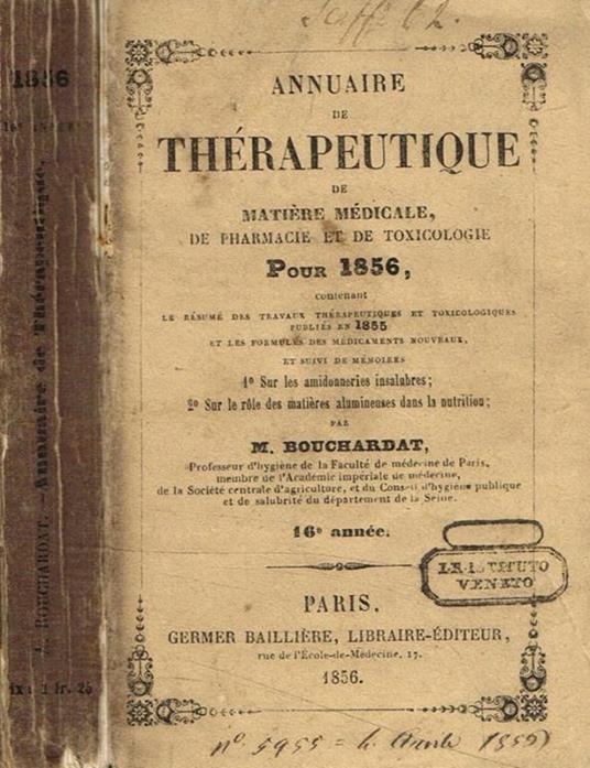 Annuaire de therapeutique de matiere medicale de pharmacie et de toxicologie pour 1856 M.Bouchardat - copertina