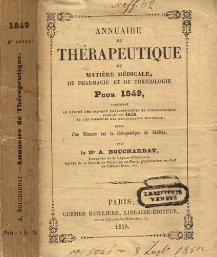 Annuaire de therapeutique de matiere medicale de pharmacie et de toxicologie pour 1849 Dr.A.Bouchardat - copertina