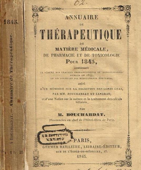 Annuaire de therapeutique de matiere medicale de pharmacie et de toxicologie pour 1845 M.Bouchardat - copertina