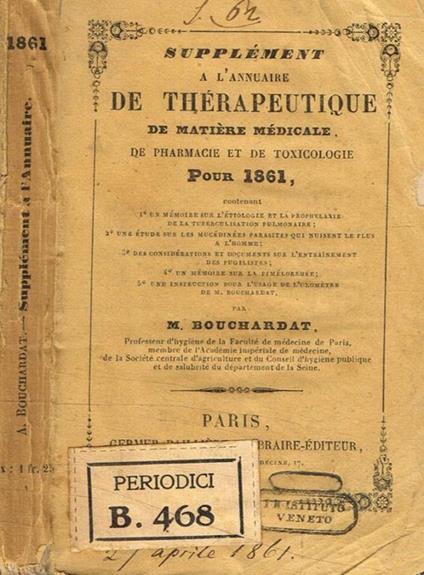 Supplement a l'annuaire de therapeutique de matiere medicale de pharmacie de toxicologie pour 1861 M.Bouchardat - copertina