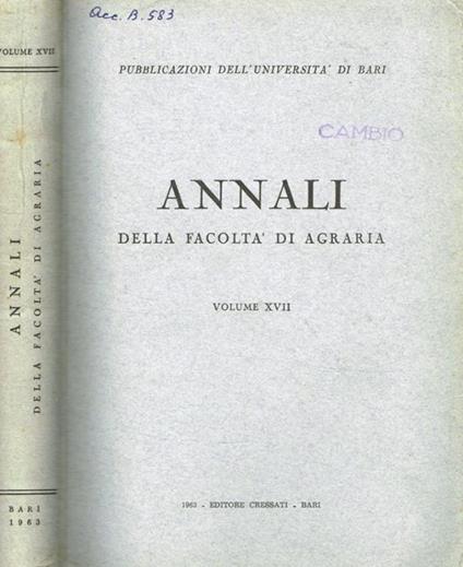 Pubblicazioni dell'università di Bari. Annali della facoltà di agraria. Vol.XVII - copertina