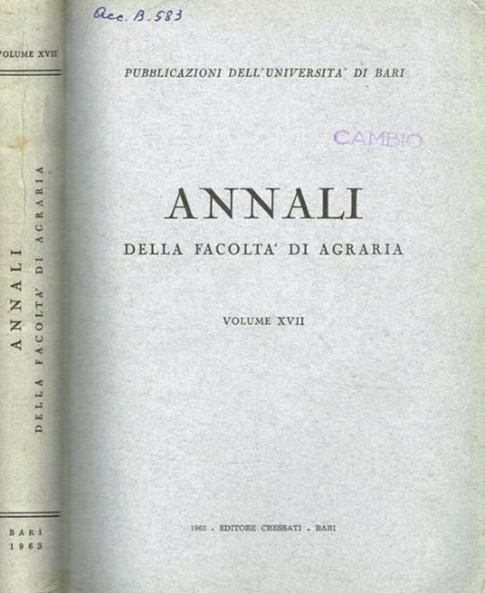 Pubblicazioni dell'università di Bari. Annali della facoltà di agraria. Vol.XVII - copertina