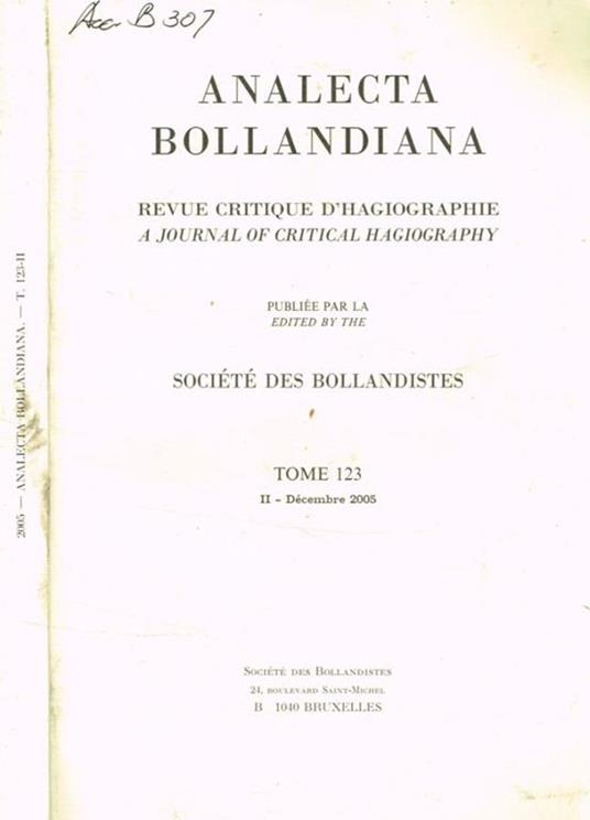 Analecta bollandiana. Revue critique d'hagiographie. Tome 123, II-decembre 2005 - copertina