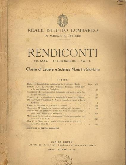Reale Istituto lombardo di scienze e lettere. Rendiconti. Classe di lettere e scienze morali e storiche. Vol.LXXV, fasc.I - copertina