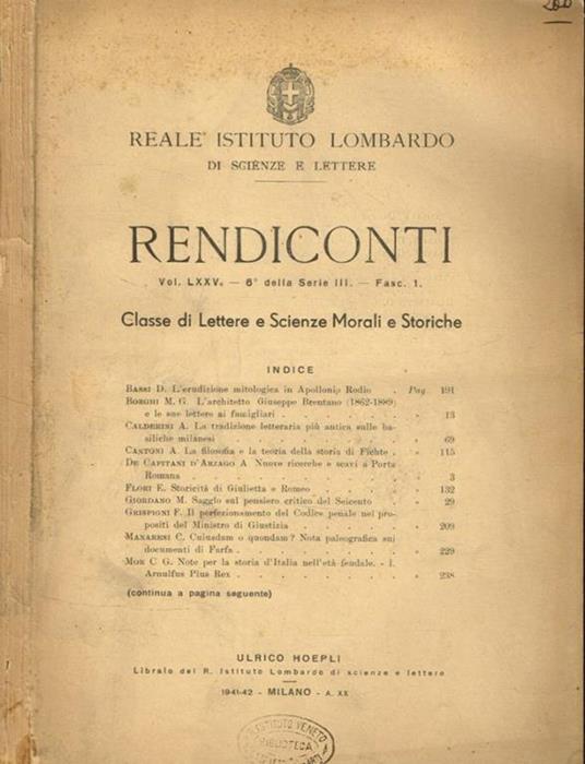 Reale Istituto lombardo di scienze e lettere. Rendiconti. Classe di lettere e scienze morali e storiche. Vol.LXXV, fasc.I - copertina