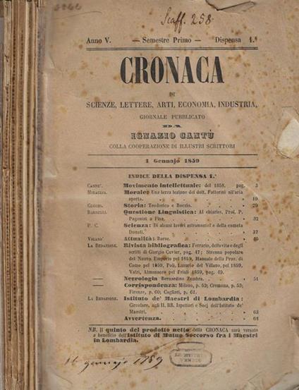 Cronaca di Scienze, Lettere, Arti, Economia, Industria Anno 1859 Dispensa 1-2-3-4-5-8-9 - Ignazio Cantù - copertina