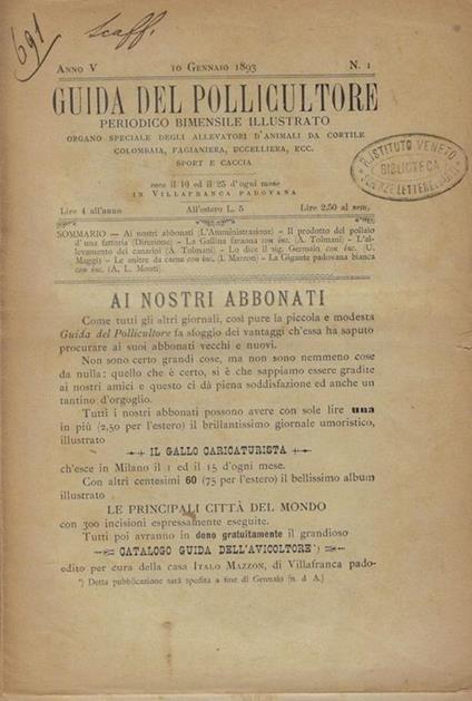 Guida del pollicultore Anno 1893 dal n. 1 al n. 21-22 - copertina
