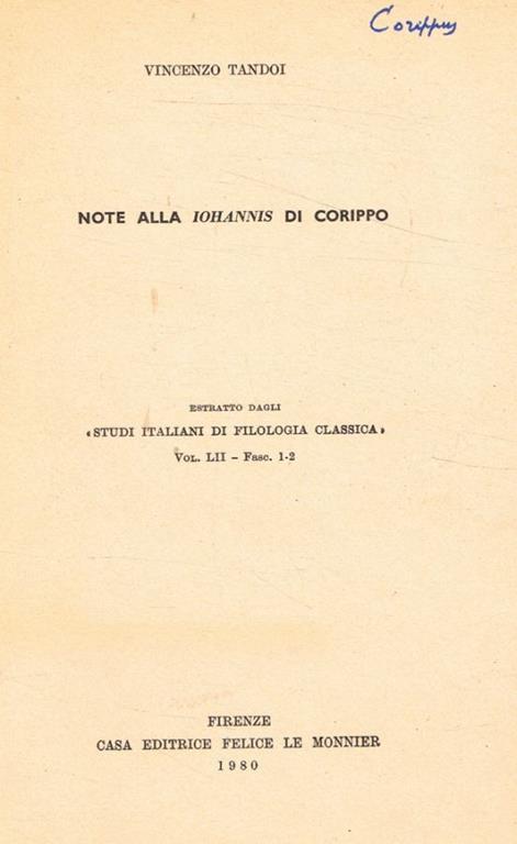 Note alla Iohannis di Corippo - Vincenzo Tandoi - copertina