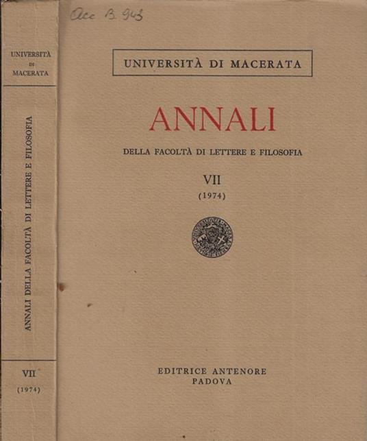 Università di Macerata annali della facoltà di lettere e filosofia VII 1974 - copertina