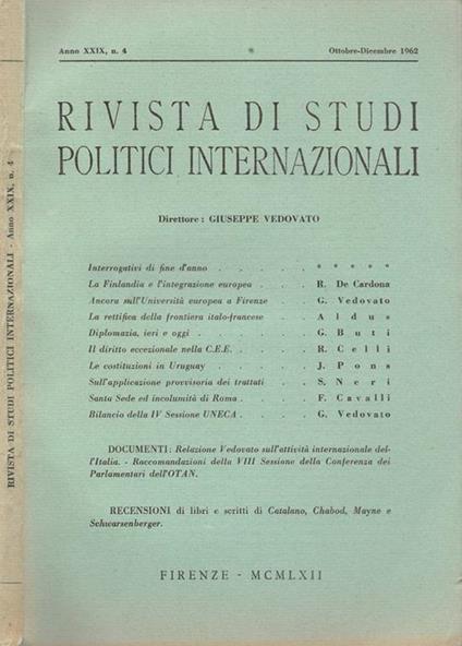 Rivista di studi politici internazionali Anno XXIX, n.4 1962 Giuseppe Vedovato, direttore - copertina