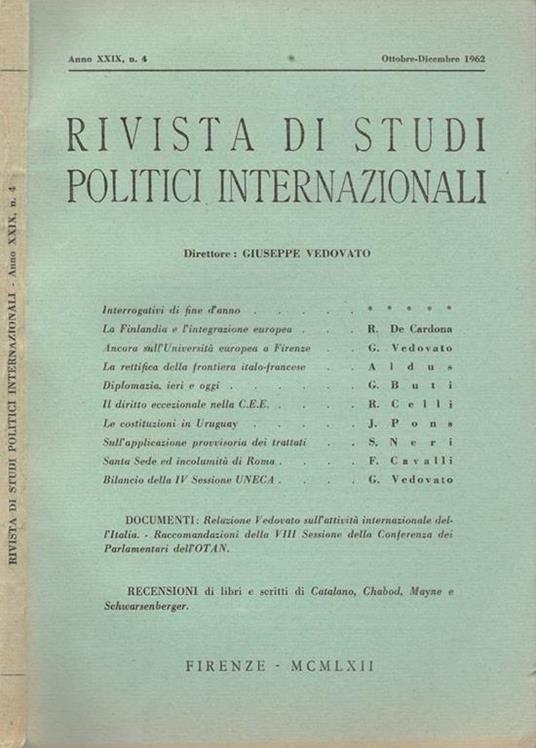 Rivista di studi politici internazionali Anno XXIX, n.4 1962 Giuseppe Vedovato, direttore - copertina