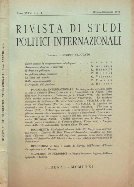 Rivista di studi politici internazionali Anno XXXVIII, n.4 1971 Giuseppe Vedovato, direttore - copertina