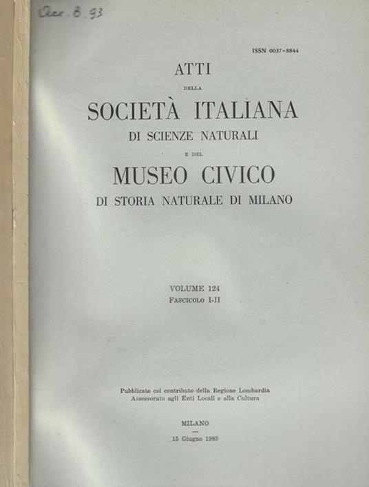 Atti della Società Italiana di Scienze Naturali e del Museo Civico di Storia Naturale di Milano Fasc. I-II/III-IV Anno 1983 - copertina