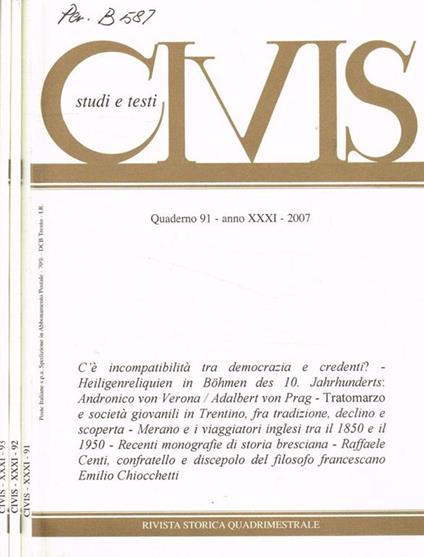 Civis studi e testi. Rivista storica quadrimestrale. Quaderno 91, 92, 93, anno XXXI, 2007 - copertina