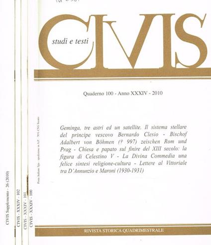Civis studi e testi. Rivista storica quadrimestrale. Quaderno 100, 101, 102, anno XXXIV, 2010, con supplemento n.26 - copertina
