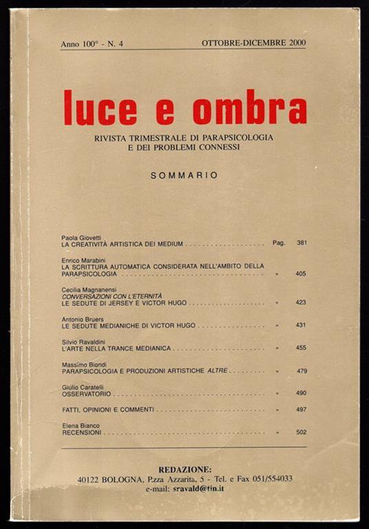 Luce e ombra. Anno 100° - N. 4 - Ottobre-Dicembre 2000 - copertina