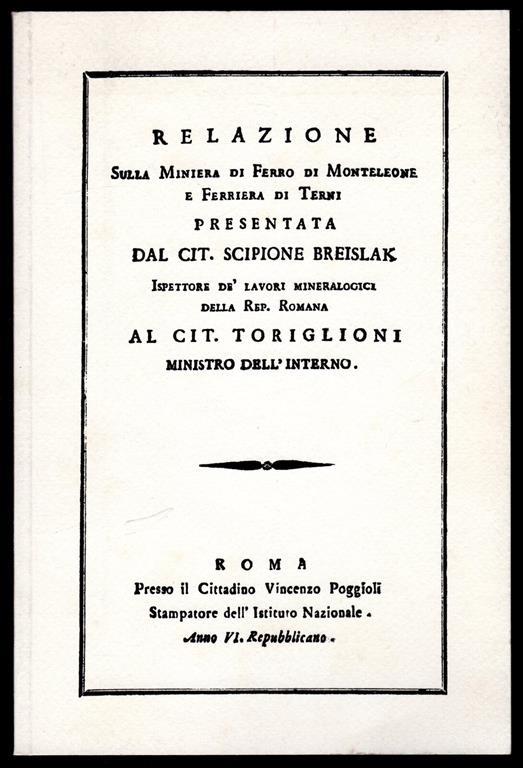 Relazione. Sulla miniera di Ferro di Monteleone e Ferriera di Terni - Scipione Breislak - copertina