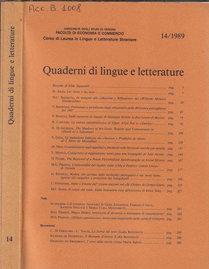 Quaderni di lingue e letterature N. 14 1989 - copertina
