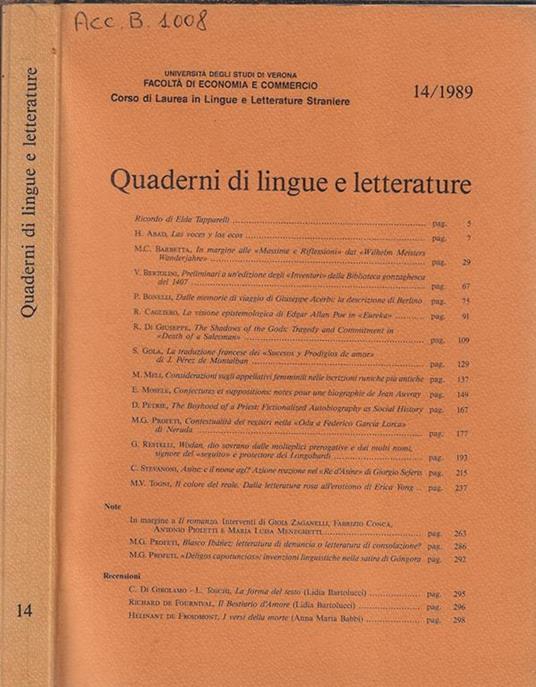 Quaderni di lingue e letterature N. 14 1989 - copertina