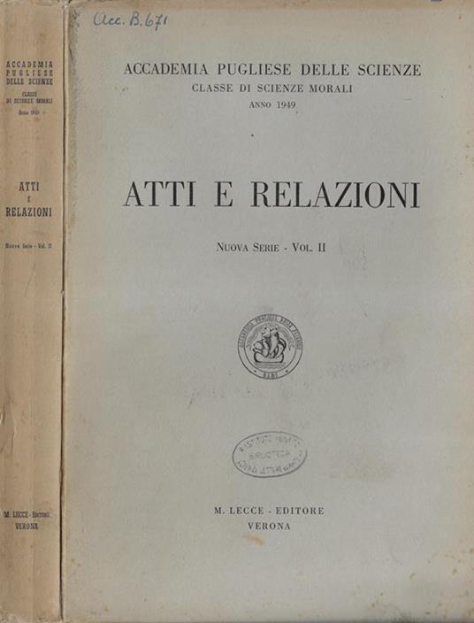 Accademia pugliese delle scienze atti e relazioni Nuova serie Vol. II - copertina