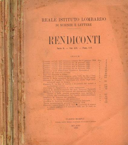 Reale istituto lombardo di scienze e lettere. Rendiconti serie II, vol.LVI, fasc.I/V, VI/XI, XII, XVI/XX, - copertina