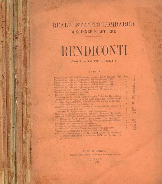 Reale istituto lombardo di scienze e lettere. Rendiconti serie II, vol.LVI, fasc.I/V, VI/XI, XII, XVI/XX, - copertina