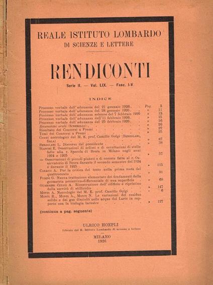 Reale istituto lombardo di scienze e lettere. Rendiconti serie II, vol.LIX, fasc.I-V - copertina