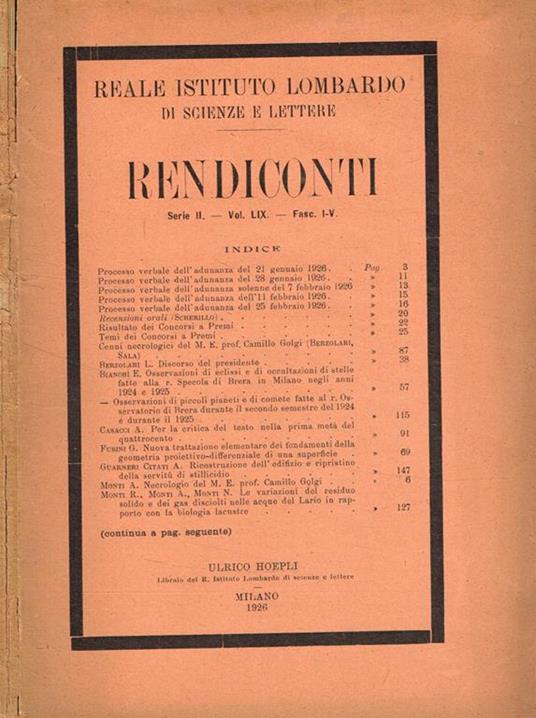 Reale istituto lombardo di scienze e lettere. Rendiconti serie II, vol.LIX, fasc.I-V - copertina