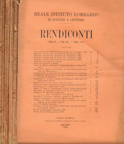 Reale istituto lombardo di scienze e lettere. Rendiconti. Serie II, vol. LV, fasc.I/V, VI/X, XI/XV, XVI/XX - copertina