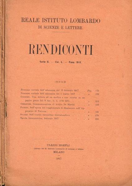 Reale istituto lombardo di scienze e lettere. Rendiconti serie II, vol.L, fasc.IV/V, VI, XI - copertina