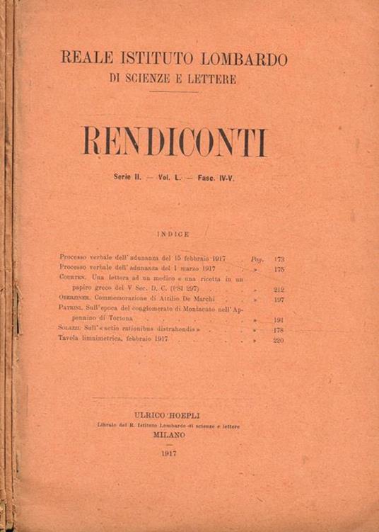Reale istituto lombardo di scienze e lettere. Rendiconti serie II, vol.L, fasc.IV/V, VI, XI - copertina