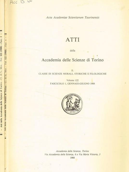 Atti della accademia delle scienze di Torino. II, Classe di scienze morali storiche e filologiche, vol.122, 1988 - copertina