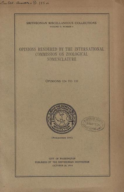 Opinions rendered by the international commission on zoological nomenclature Vol. 73- fasc. 8 - copertina