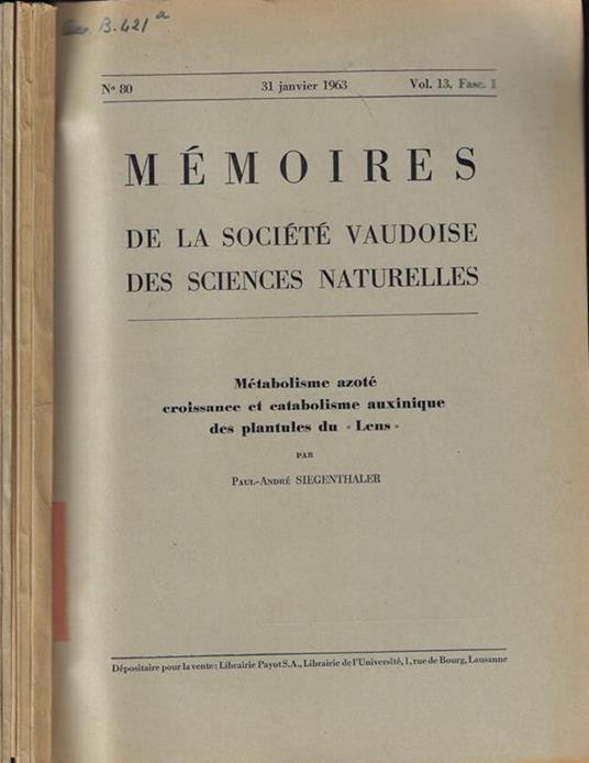 Memoires de la Société Vaudoise des sciences naturelles Vol. 13- fasc. 1-2-3-4-5 - copertina
