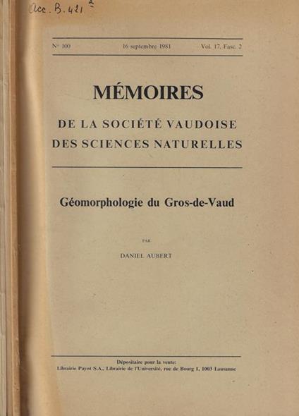 Memoires de la Société Vaudoise des sciences naturelles Vol. 17- fasc. 2-3-4- supplemento - copertina