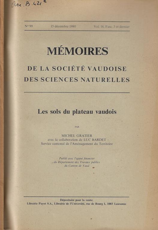 Memoires de la Société Vaudoise des sciences naturelles Vol. 16-fasc. 3 - copertina