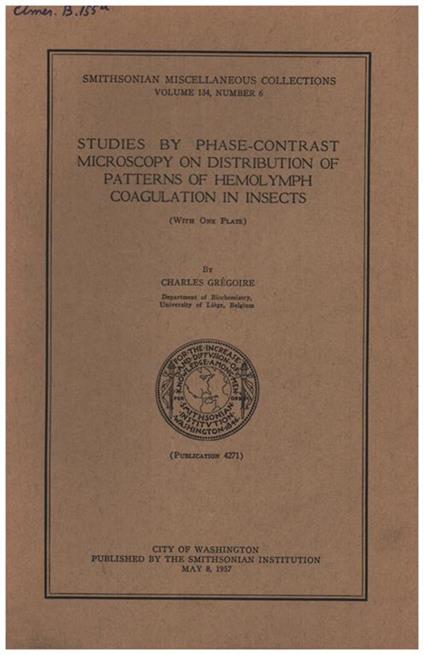 Studies by phase-contrast microscopy on distribution of patterns of hemolymph coagulation in insects - copertina