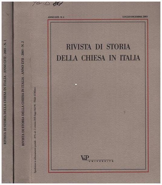 Rivista di Storia della Chiesa in Italia - Anno LVII n. 1 e 2 - copertina