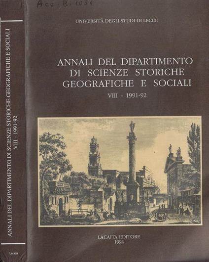Università degli studi di Lecce annali del dipartimento di scienze storiche filosofiche e geografiche VIII 1991-92 - copertina