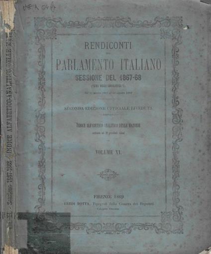 Rendiconti del Parlamento italiano sessione del 1867-68 Volume XI - copertina