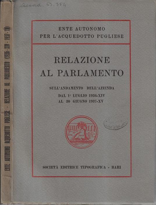 Relazione al Parlamento sull'andamento dell'azienda dal 1 luglio 1936-XIV al 30 giugno 1937-XV - copertina