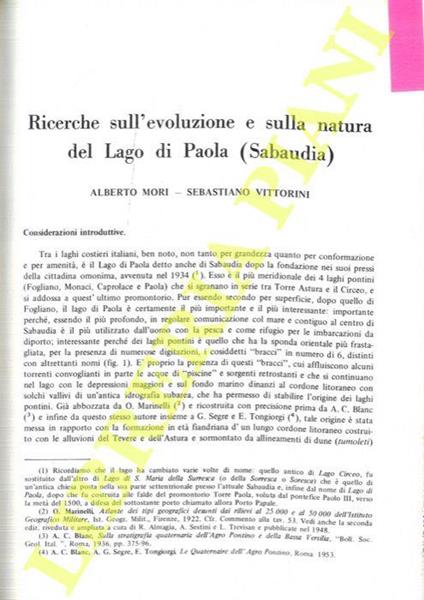 Ricerche sull'evoluzione e sulla natura del Lago di Paola (Sabaudia) - Alberto Mori - copertina