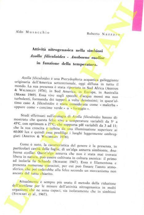 Attività nitrogenasica nella simbiosi Azolla filiculoides - Anabaena azollae in funzione della temperatura - Libro Usato - ND - | IBS