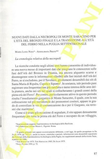 Nuovi dati dalla necropoli di Monte Saraceno per l'Età del Bronzo finale e la transizione all'Età del Ferro nella Puglia settentrionale - copertina