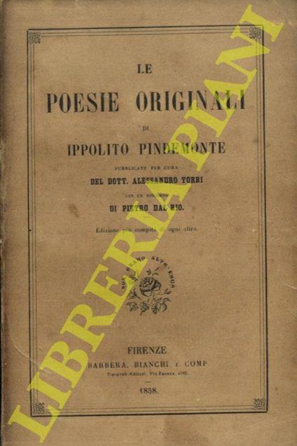 Le poesie originali. Pubblicate per conto del Dottor Alessandro Torri con un discorso di Pietro Dal Rio - Ippolito Pindemonte - copertina