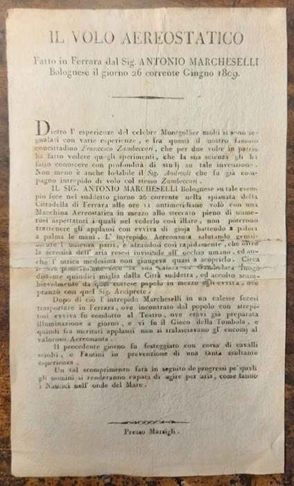 Il volo aereostatico fatto in Ferrara dal Sig, Antonio Marcheselli bolognese il giorno 26 corrente Giugno 1809 - copertina