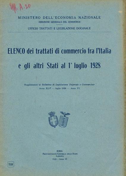 Elenco dei trattati di commercio fra l'italia e gli altri stati al 1 luglio 1928 - copertina