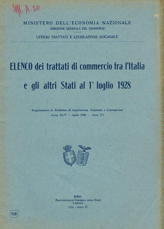 Elenco dei trattati di commercio fra l'italia e gli altri stati al 1 luglio 1928 - copertina