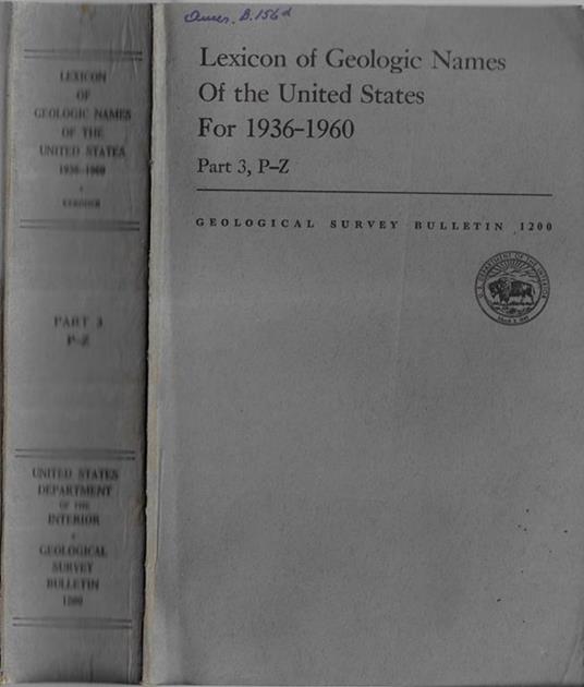 Lexicon of geologic Names of the United States for 1936-1960 Parte 3, P-Z - copertina